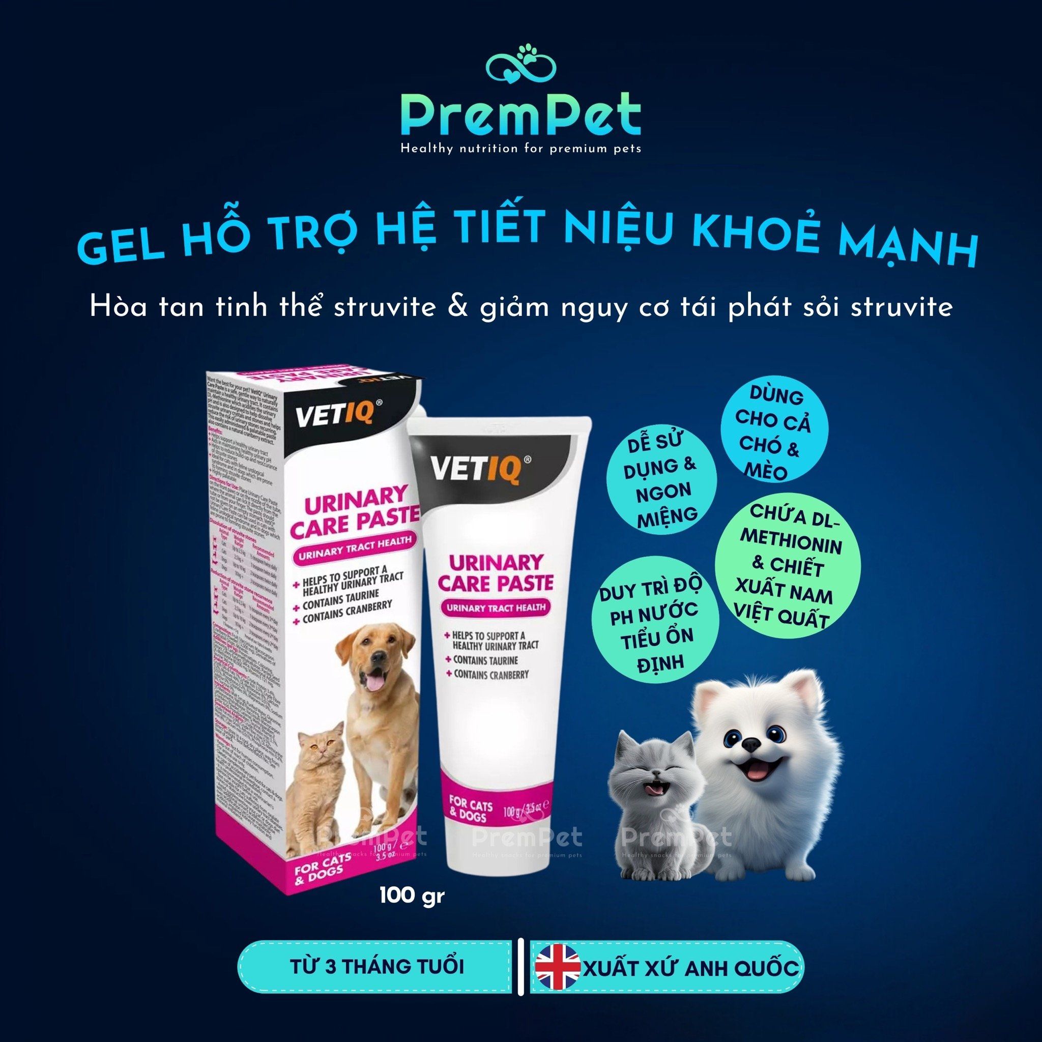Gel Dinh Dưỡng - VetIQ - Hỗ Trợ Hệ Tiết Niệu Khoẻ Mạnh - cho Chó Mèo - Tuýp 100g