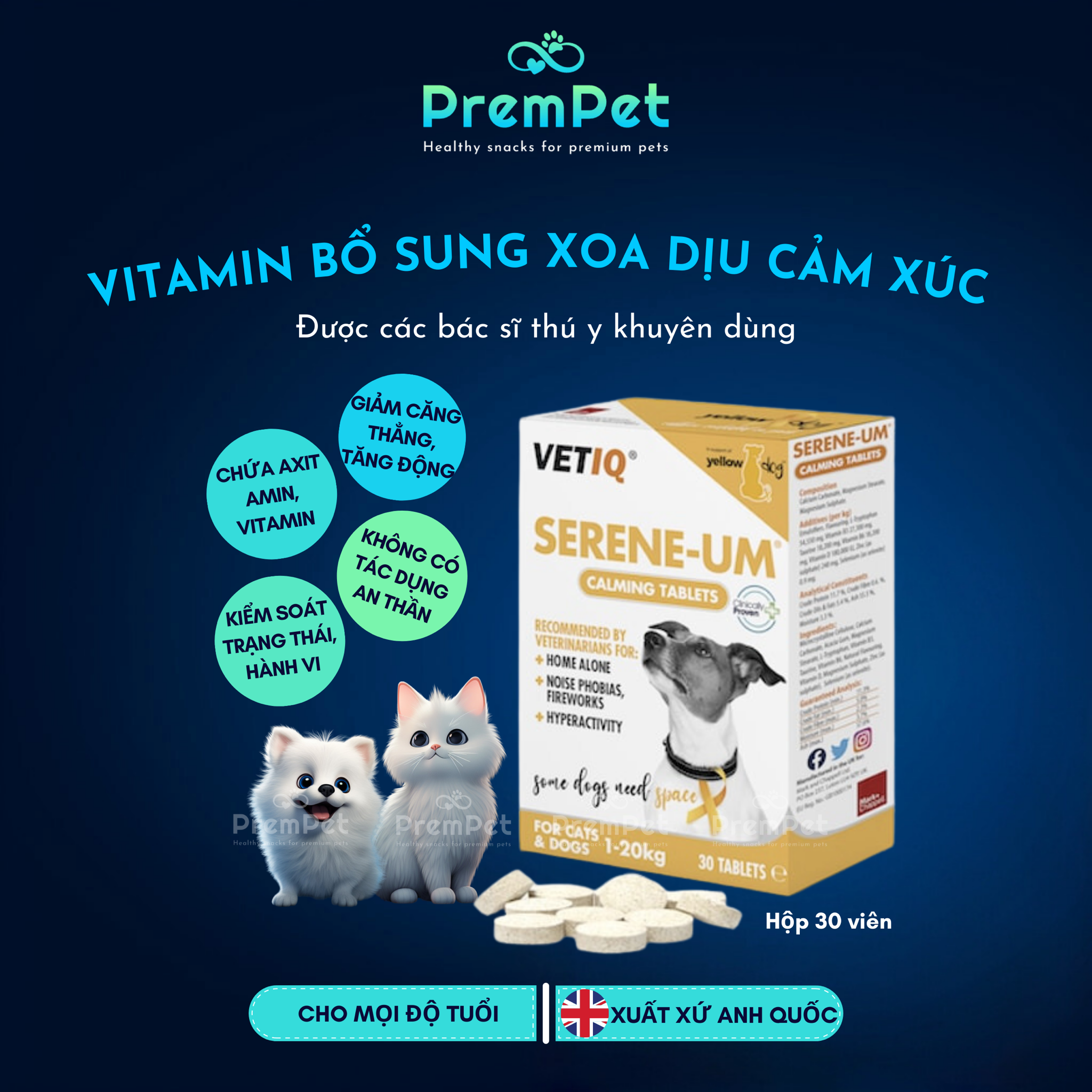 Vitamin Bổ Sung - VetIQ - Giảm Căng Thẳng Xoa Dịu Cảm Xúc - cho Chó Mèo - Hộp 30 viên