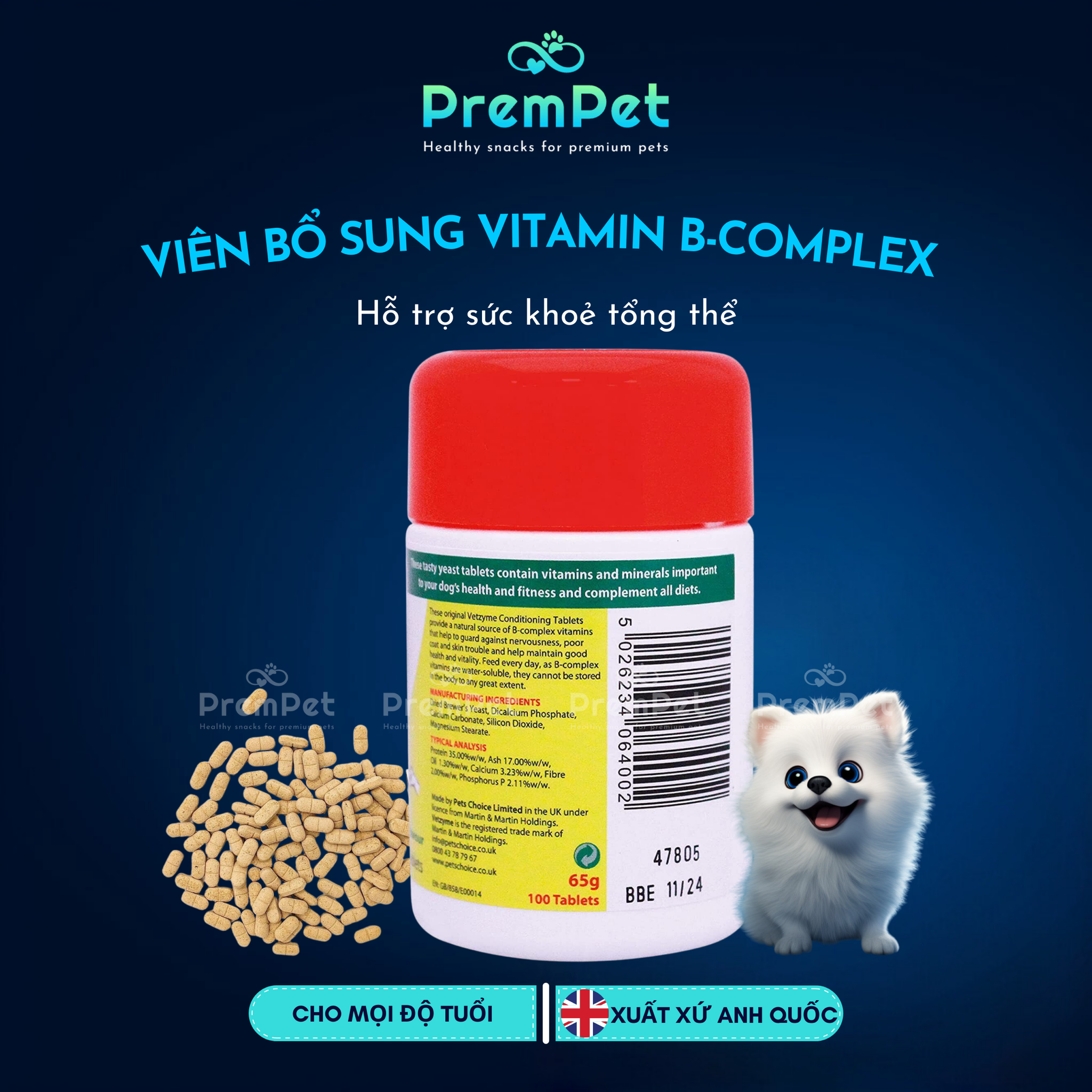 Vitamin Bổ Sung - Vetzyme - Vitamin B-Complex Hỗ Trợ Sức Khoẻ Toàn diện - cho Chó - Hộp 100 viên