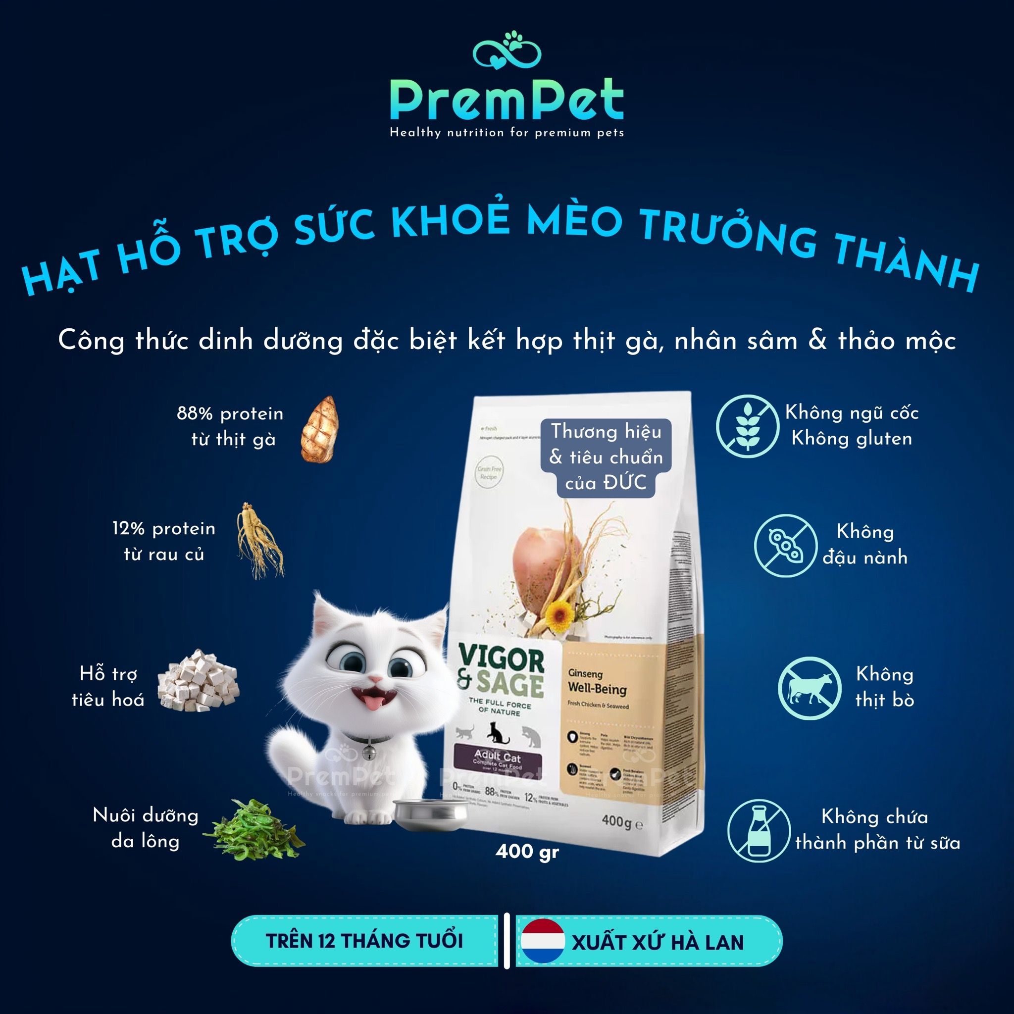 Thức Ăn Hạt - Vigor & Sage - Hỗ Trợ Sức Khoẻ Toàn Diện - Vị Nhân Sâm - cho Mèo trưởng thành - Túi 400g