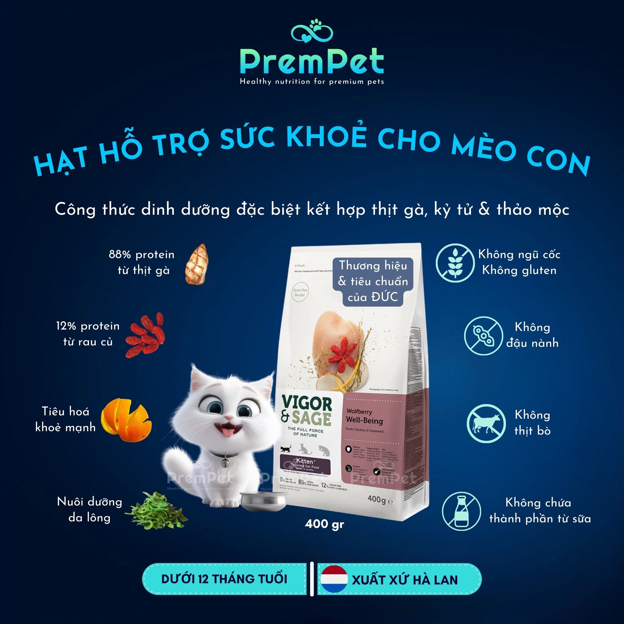 Thức Ăn Hạt - Vigor & Sage - Hỗ Trợ Phát Triển Khoẻ Mạnh - Vị Kỷ Tử - cho Mèo con - Túi 400g