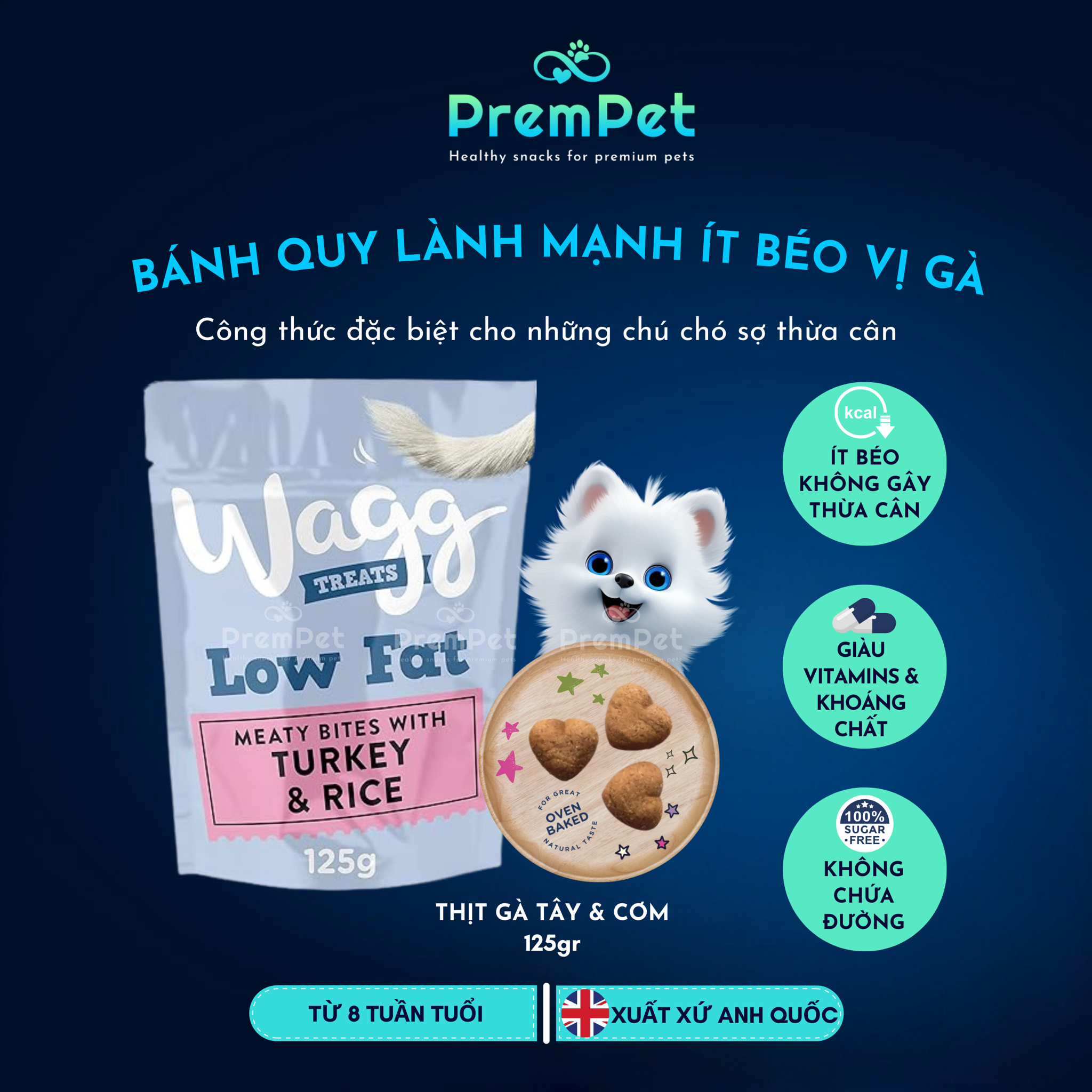 Bánh Thưởng - Wagg - Lành Mạnh Ít Béo - Vị Thịt Gà Tây và Cơm - cho Chó - Túi 125g