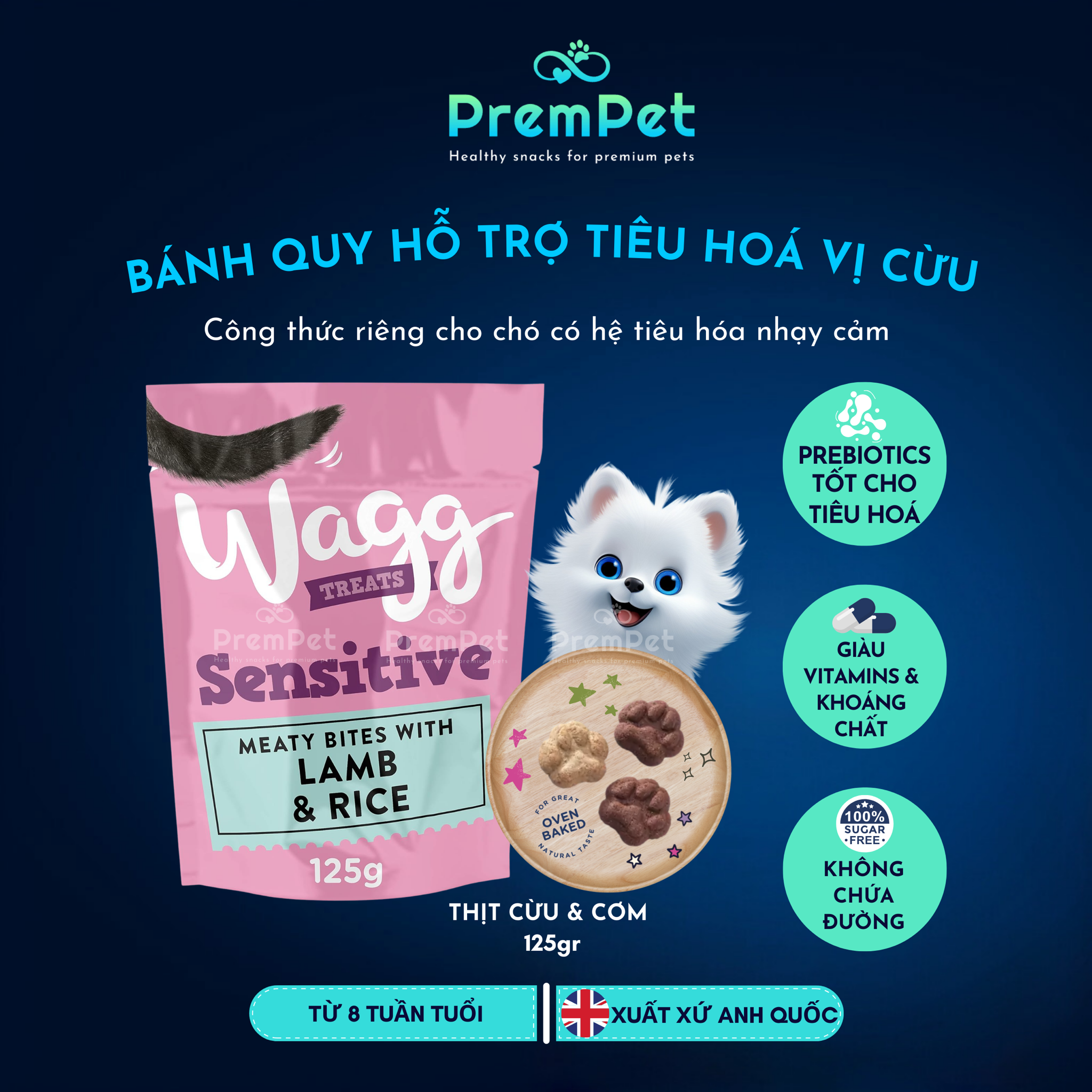 Bánh Thưởng - Wagg - Hỗ Trợ Tiêu Hoá - Vị Thịt Cừu & Cơm - cho Chó - Túi 125g