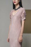 Đầm dài tay nhún xẻ 2 bên hồng
