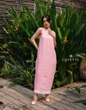 Đầm nhúng cổ hở lưng sọc caro hồng