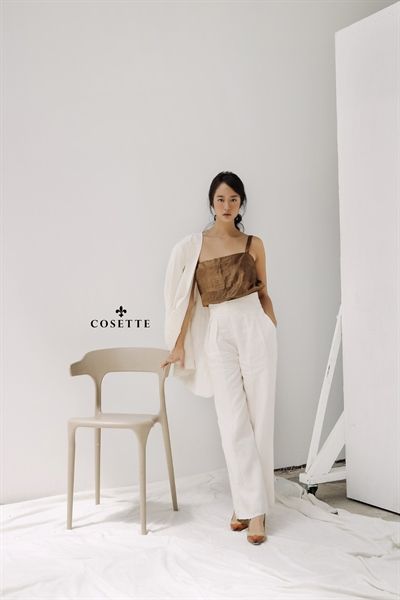 Quần tây xếp ly lưng kem