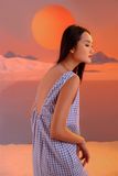 Đầm nhúng cổ hở lưng sọc caro xanh