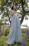 Đầm cổ tim trước sau tùng xéo xanh da trời