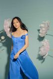 Đầm rớt vai gài nút xanh