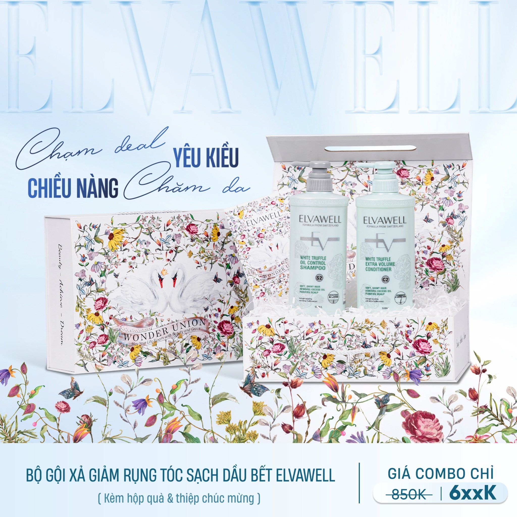 Hộp quà thiên nga Dầu gội giảm rụng tóc sạch dầu bết Elvawell 500ml