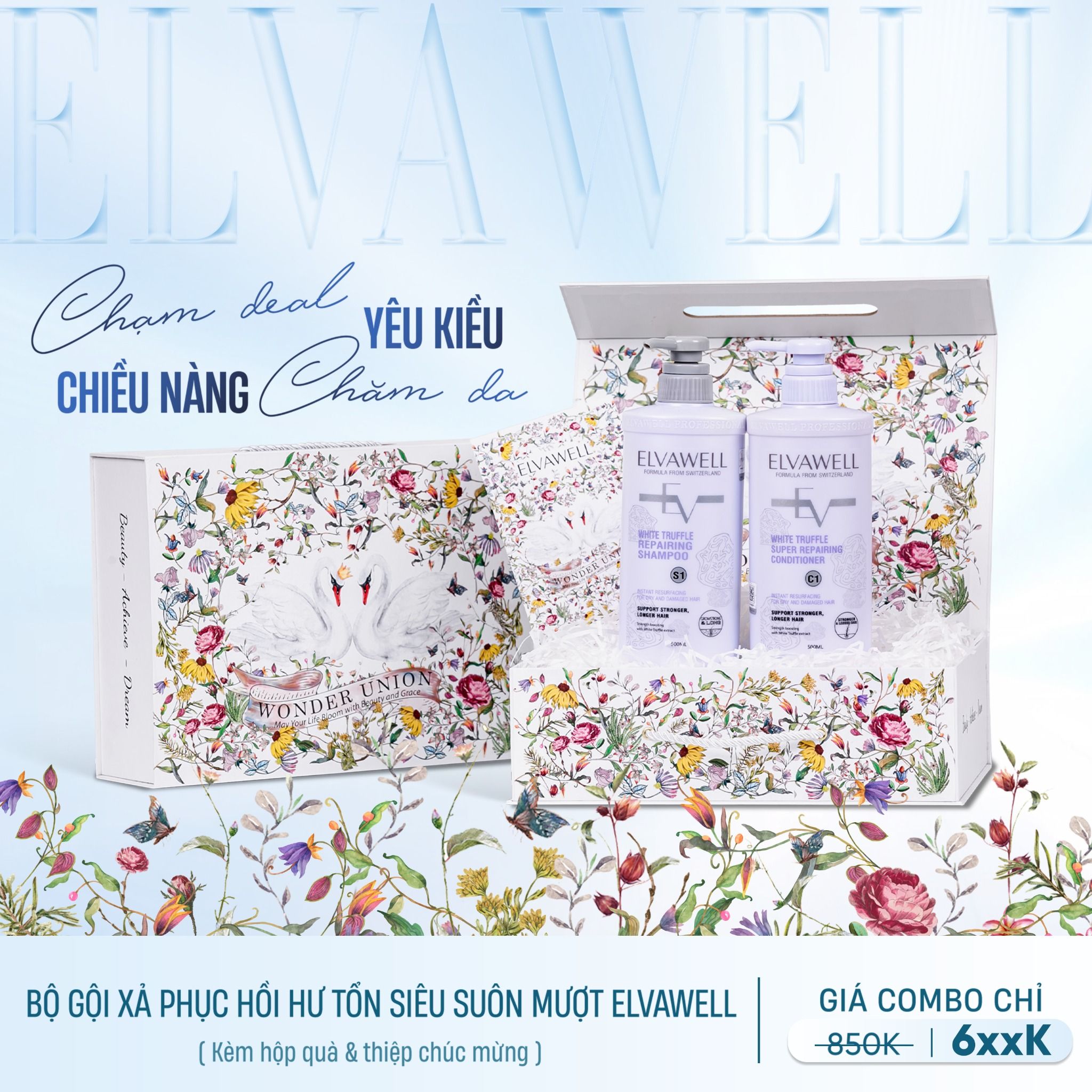 Hộp quà thiên nga Dầu gội phục hồi hư tổn siêu suôn mượt Elvawell 500ml