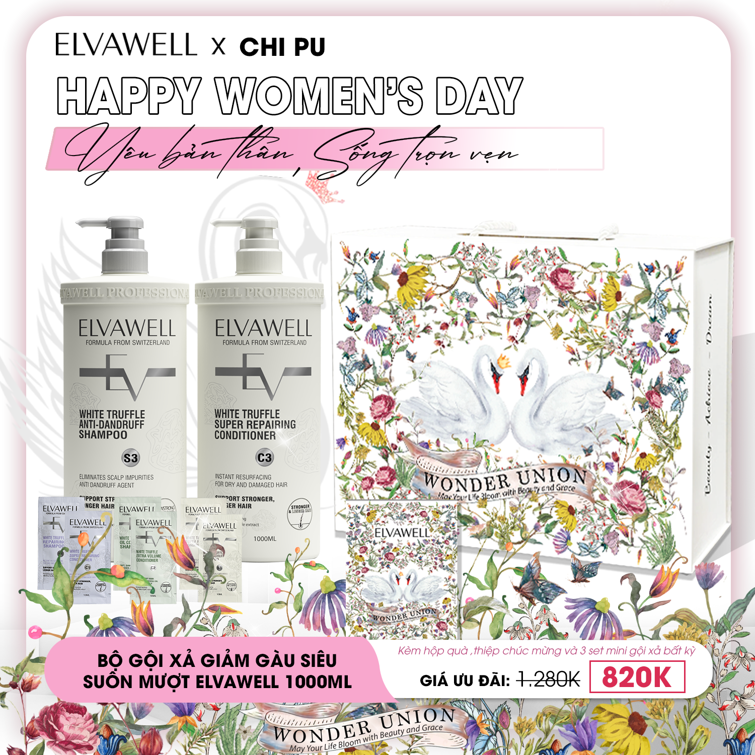 Hộp quà thiên nga Dầu gội giảm gàu siêu suôn mượt Elvawell 1000ml
