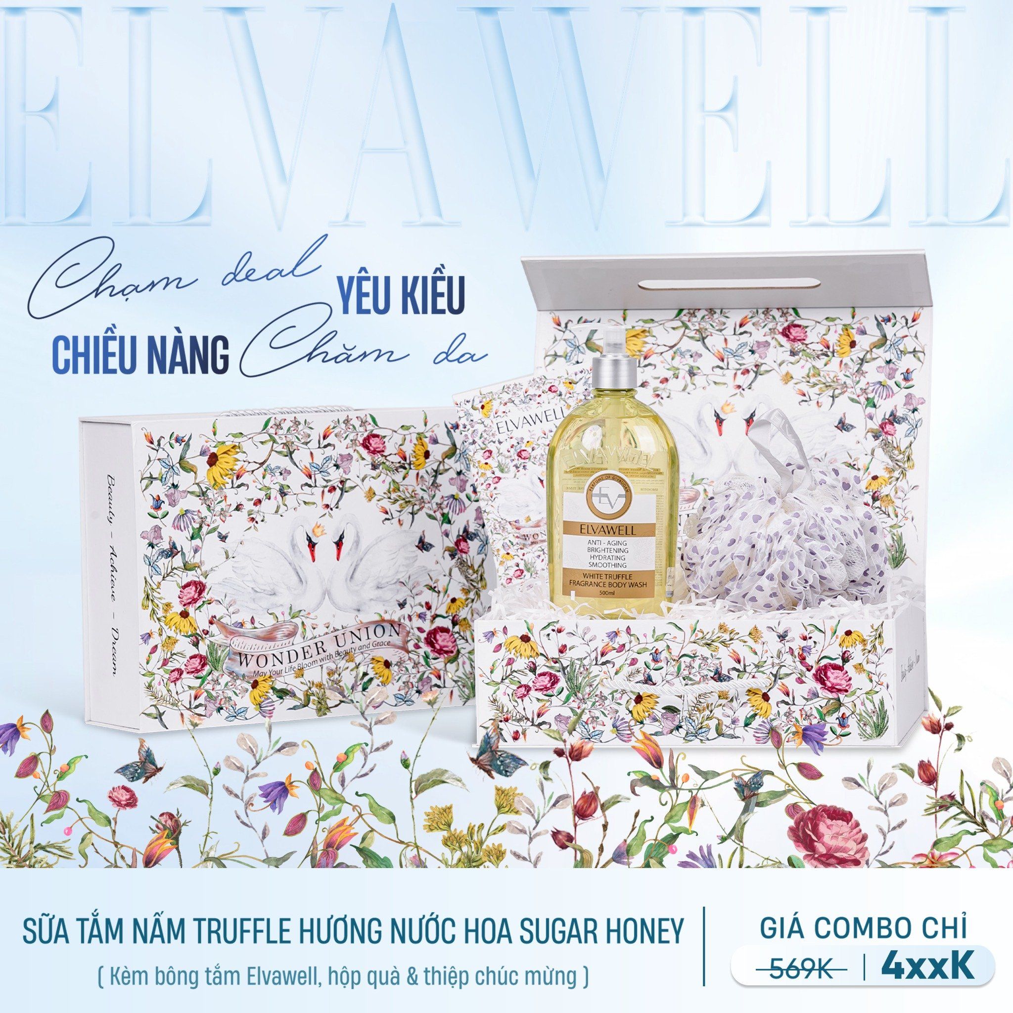 Hộp quà thiên nga Sữa tắm nấm Truffle hương nước hoa Sugar Honey 500ml Elvawell