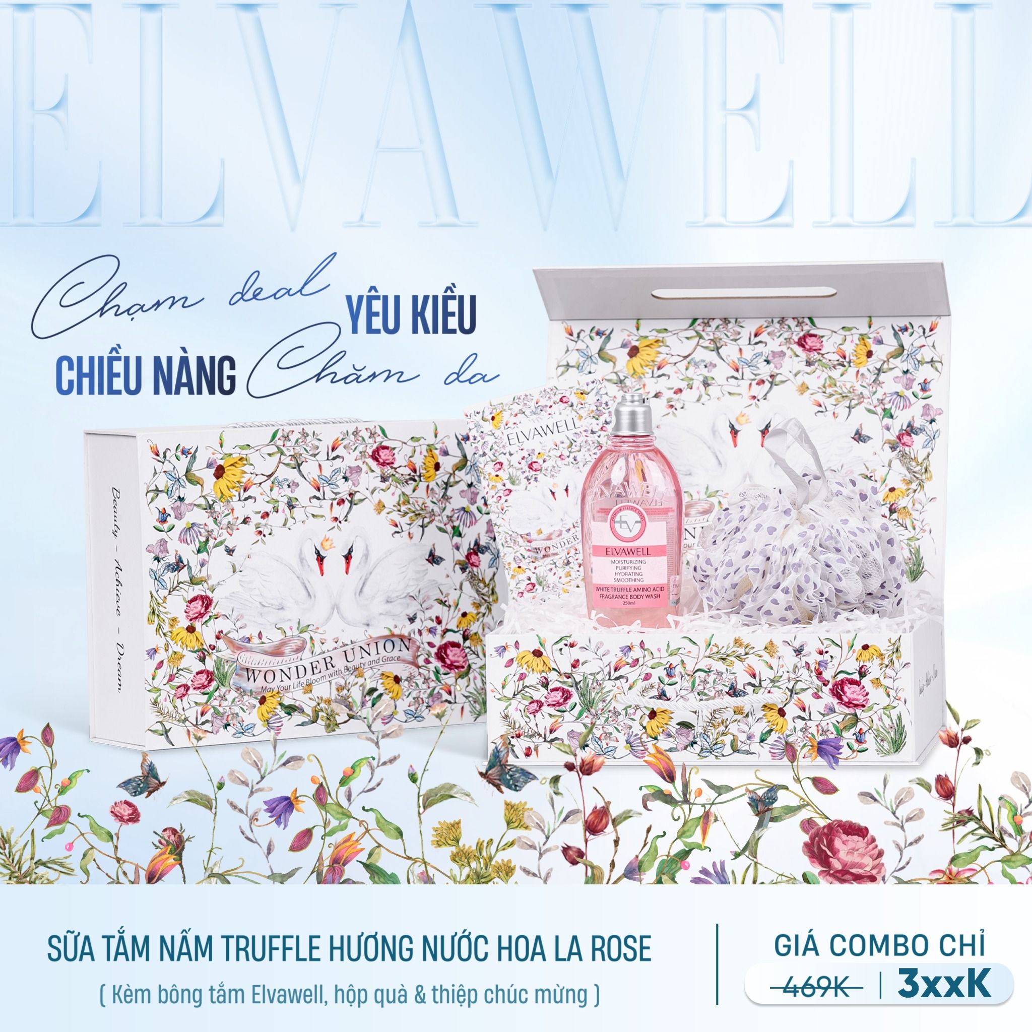 Hộp quà thiên nga Sữa tắm nấm Truffle hương nước hoa La Rose 250ml Elvawell