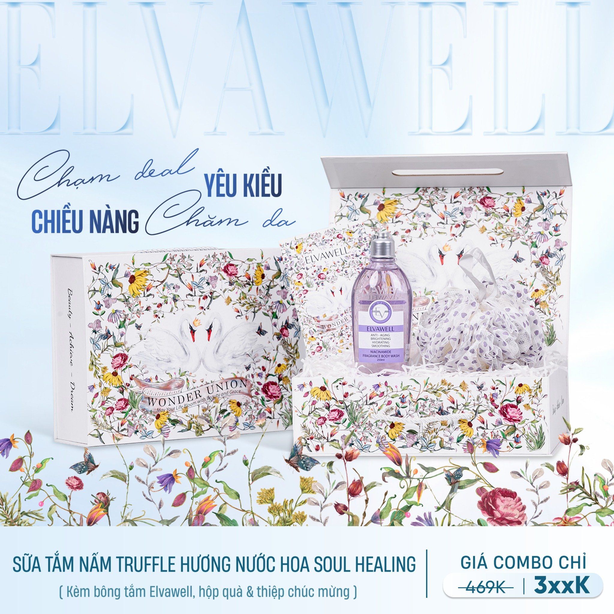 Hộp quà thiên nga Sữa tắm nấm Truffle hương nước hoa Soul Healing 250ml Elvawell