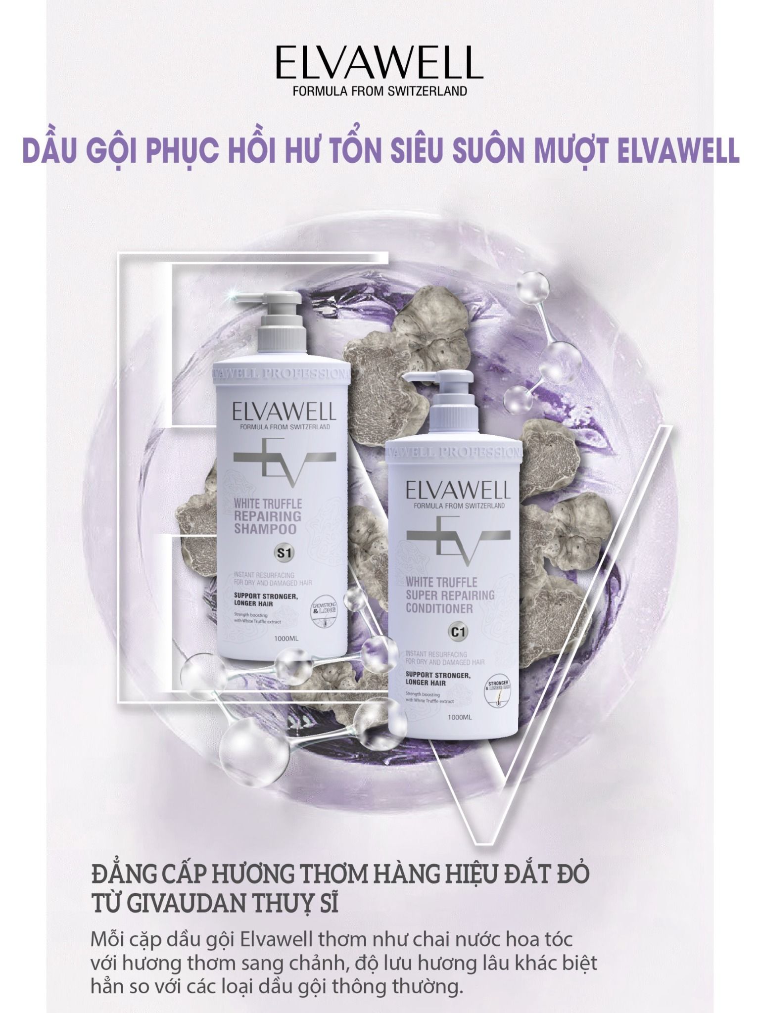 Dầu gội phục hồi hư tổn siêu suôn mượt Elvawell 1000ml