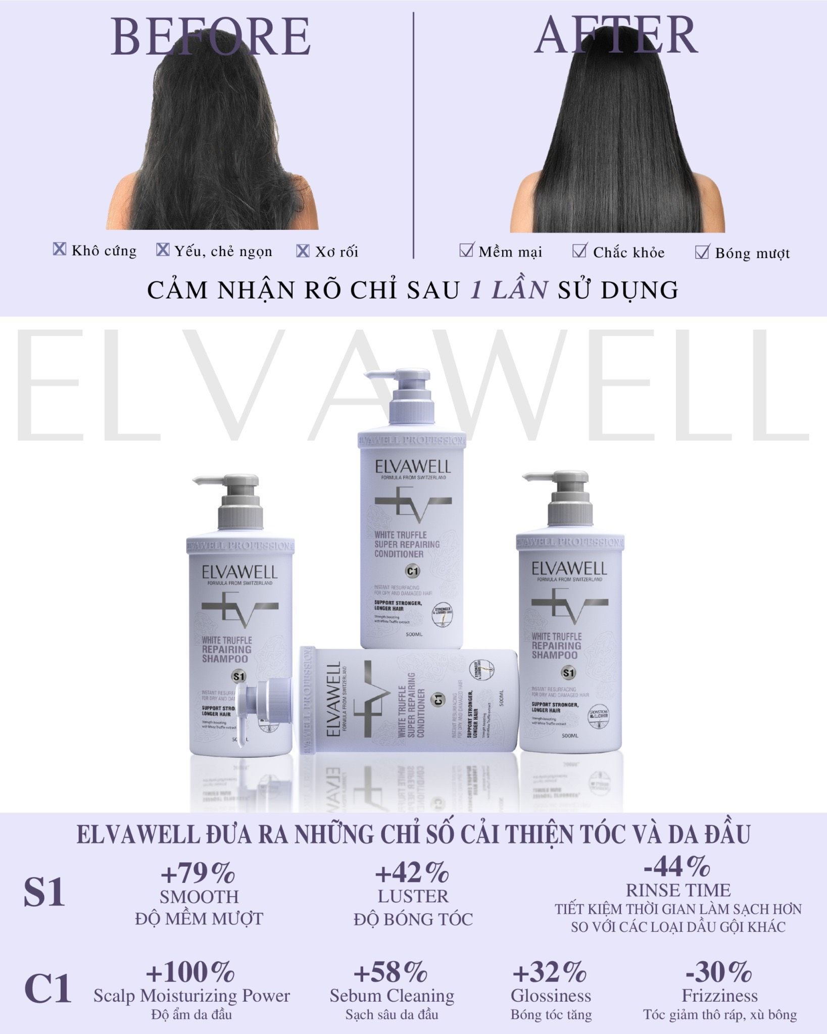 Dầu gội phục hồi hư tổn siêu suôn mượt Elvawell 1000ml