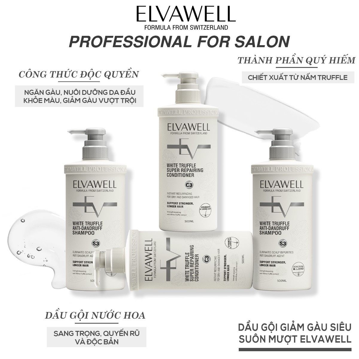 Dầu gội giảm gàu siêu suôn mượt Elvawell 1000ml