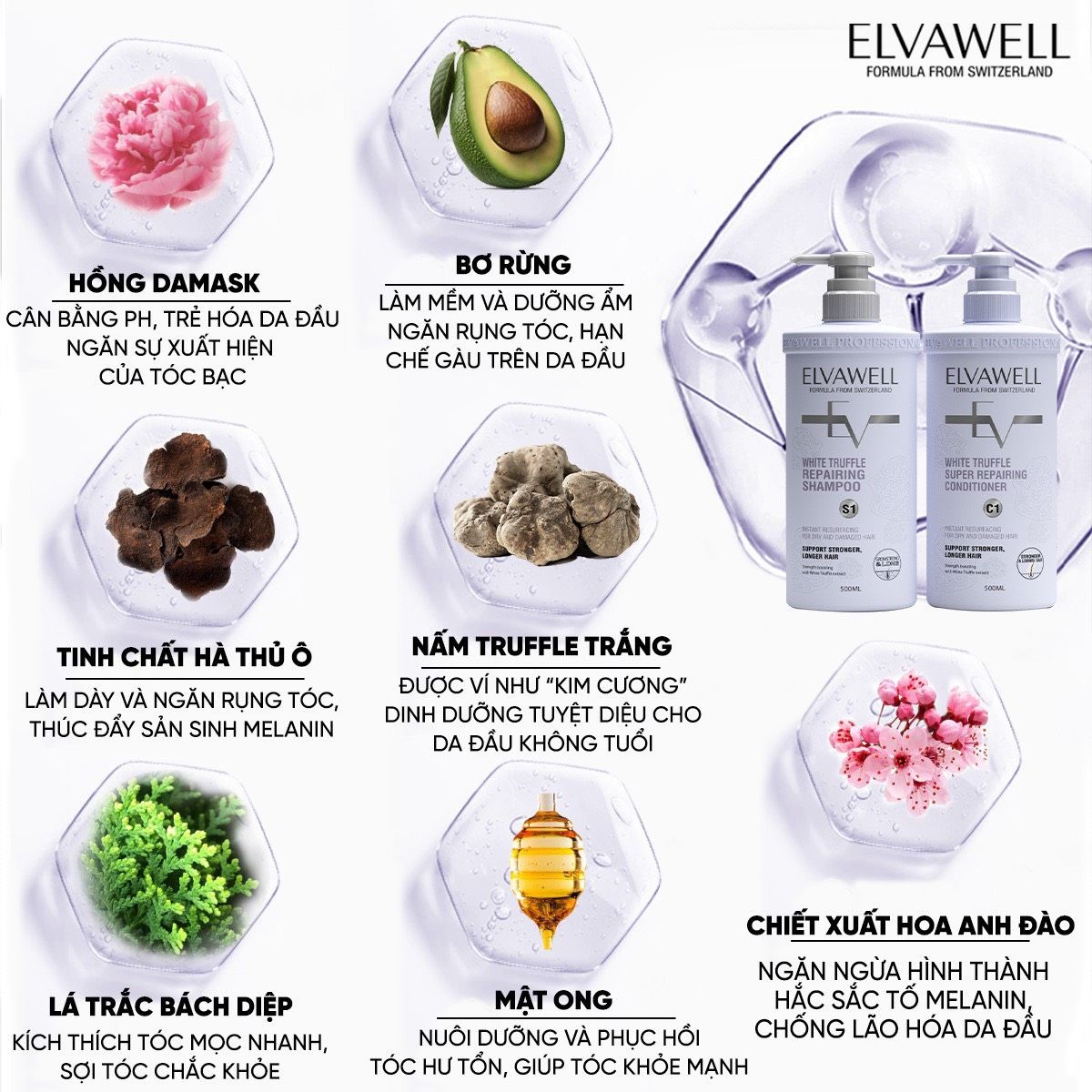 Dầu gội phục hồi hư tổn siêu suôn mượt Elvawell 500ml