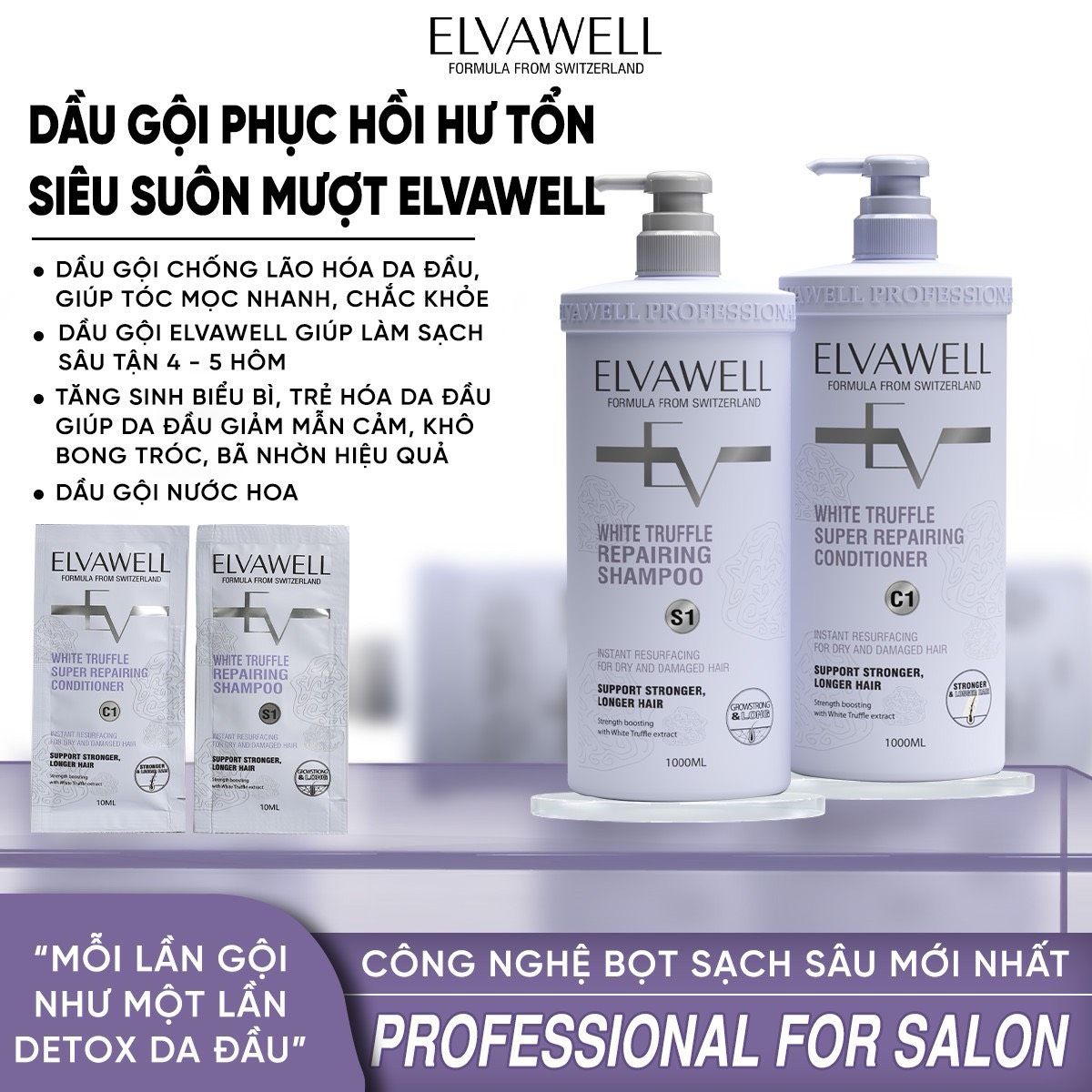 Dầu xả phục hồi hư tổn siêu suôn mượt Elvawell 1000ml