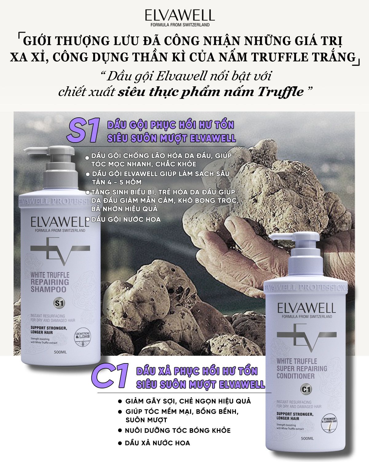 Dầu xả phục hồi hư tổn siêu suôn mượt Elvawell 1000ml