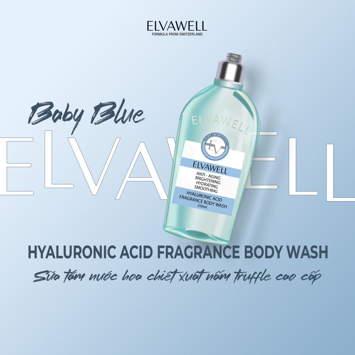 Sữa tắm nước hoa cấp ẩm Elvawell (250ml) - Sữa tắm Hyaluronic Acid Elvawell - Baby Blue