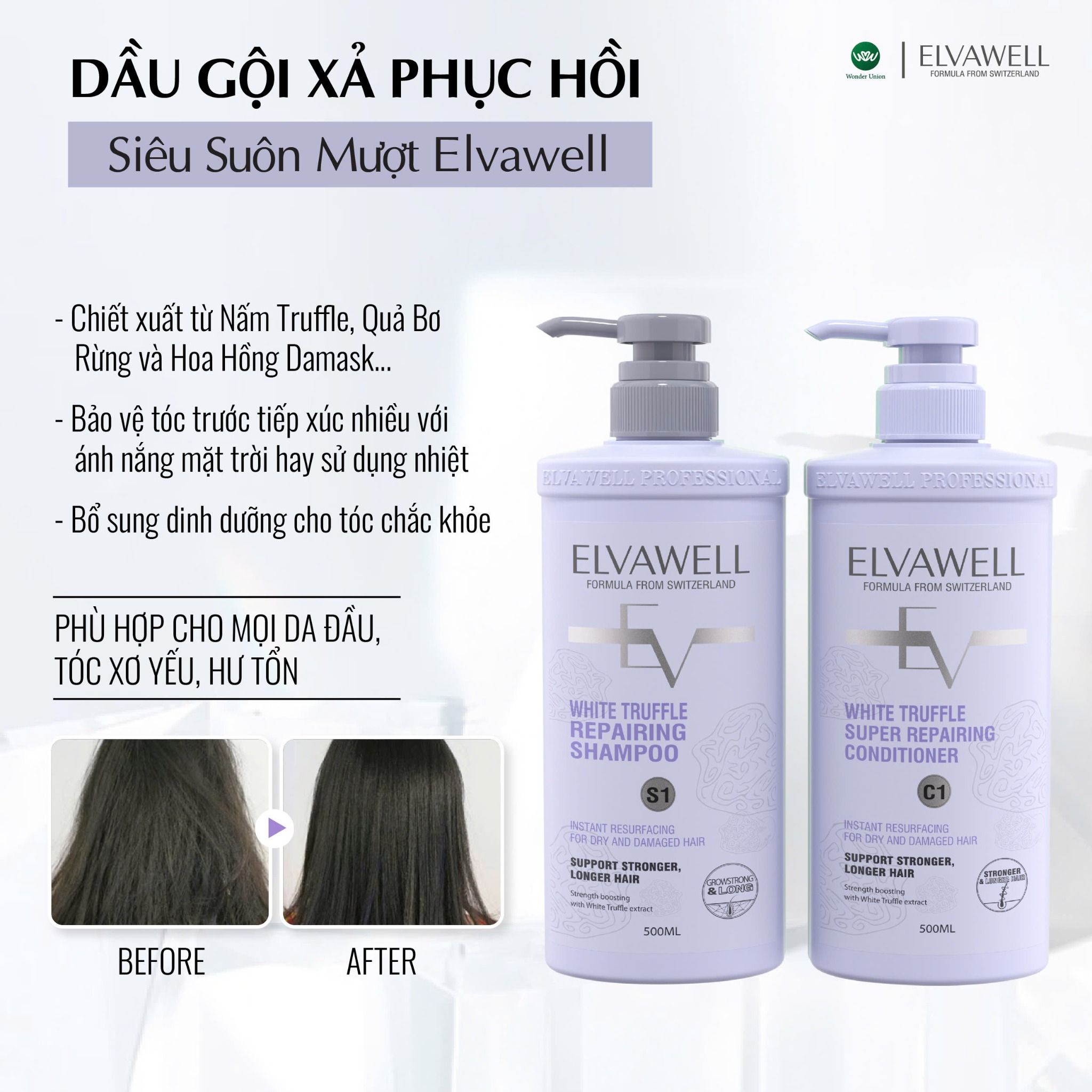 (500ml) Cặp dầu gội phục hồi hư tổn siêu suôn mượt Elvawell