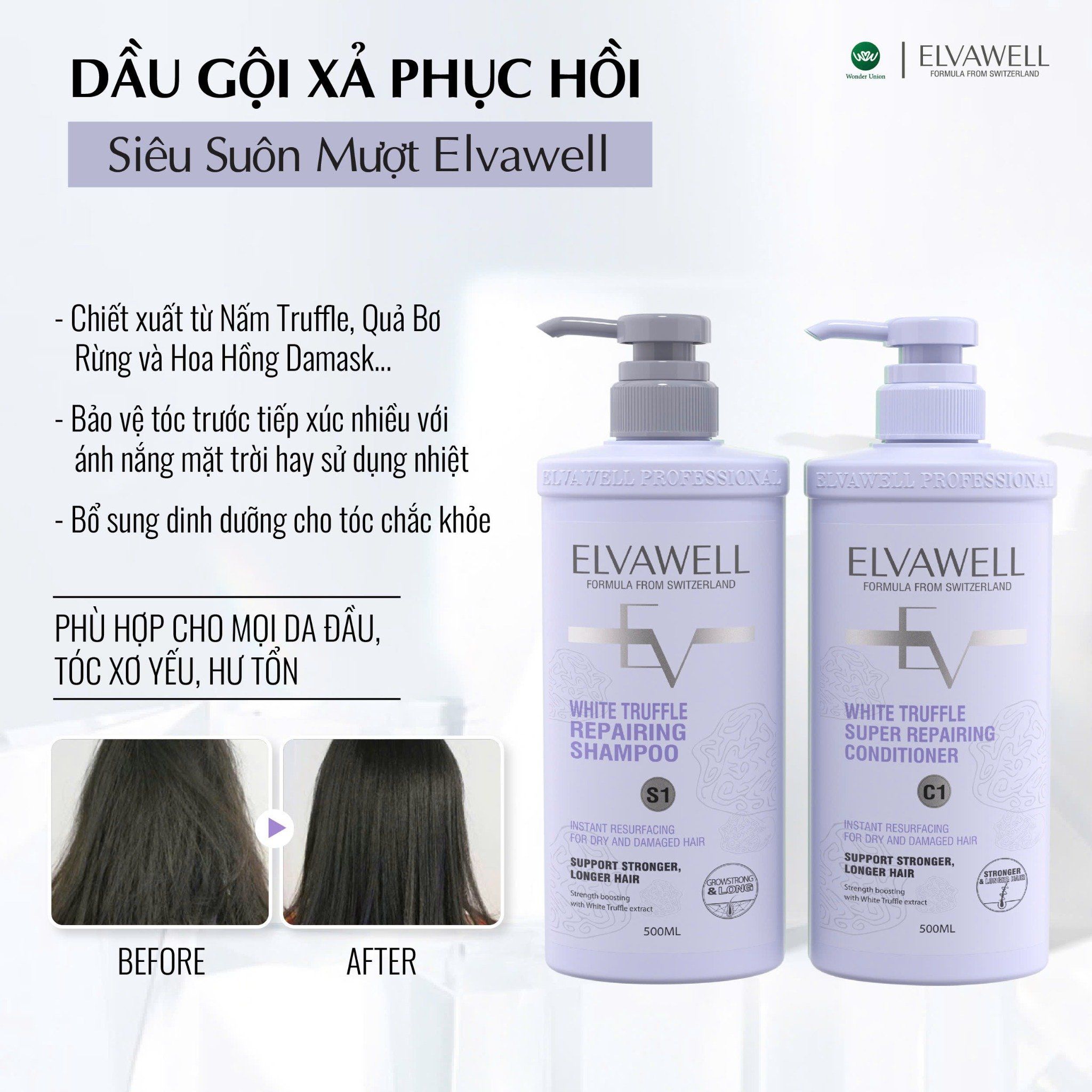 (1000ml) Cặp dầu gội phục hồi hư tổn siêu suôn mượt Elvawell