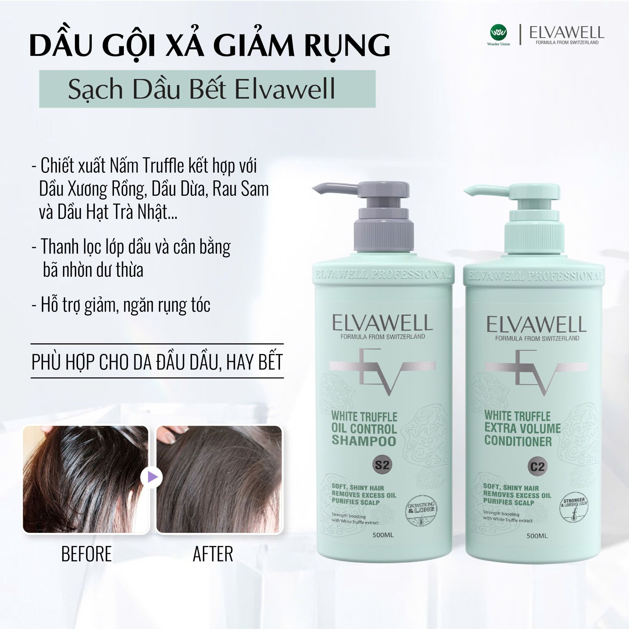 (500ml) Cặp dầu gội giảm rụng tóc sạch dầu bết Elvawell