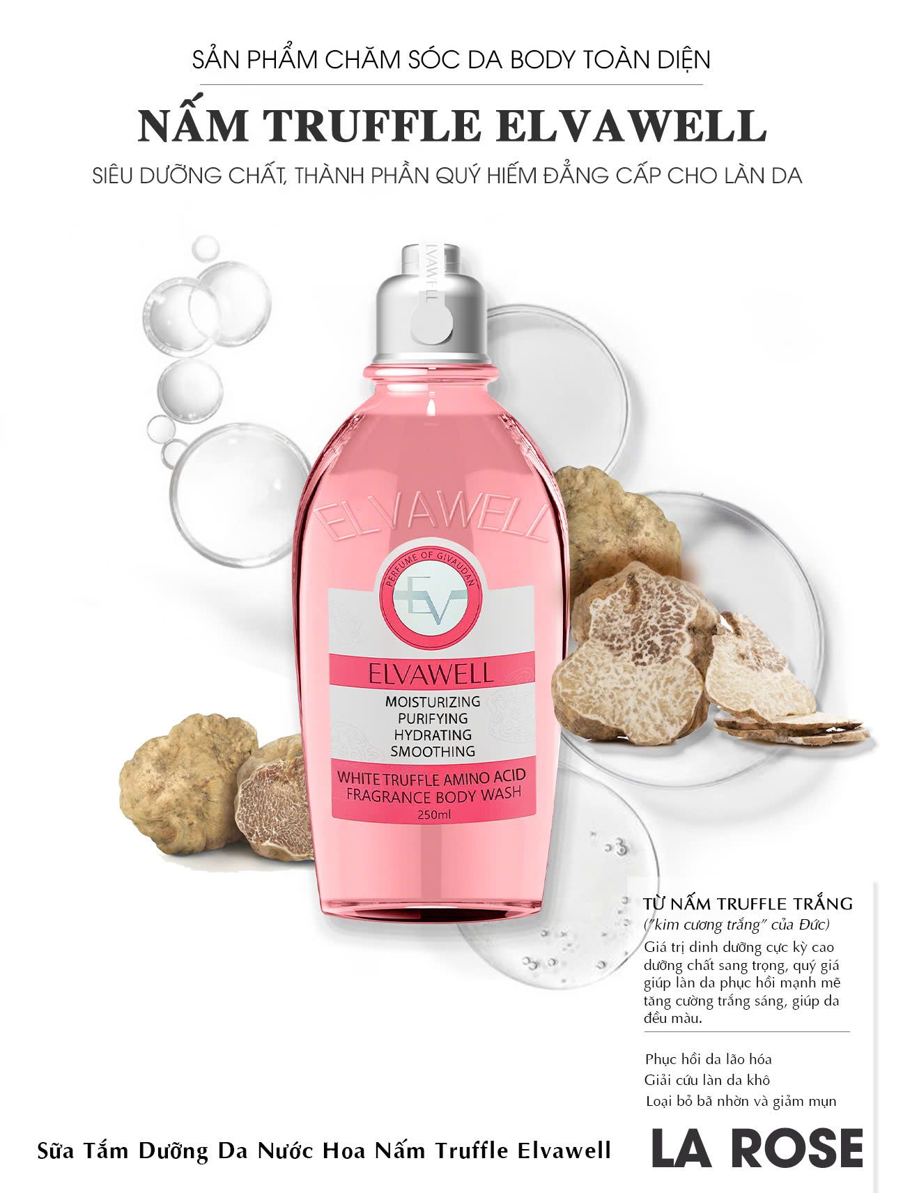 Sữa tắm nấm Truffle dưỡng ẩm Elvawell (250ml) - Sữa tắm White Truffle Amino Acid Elvawell - La Rose
