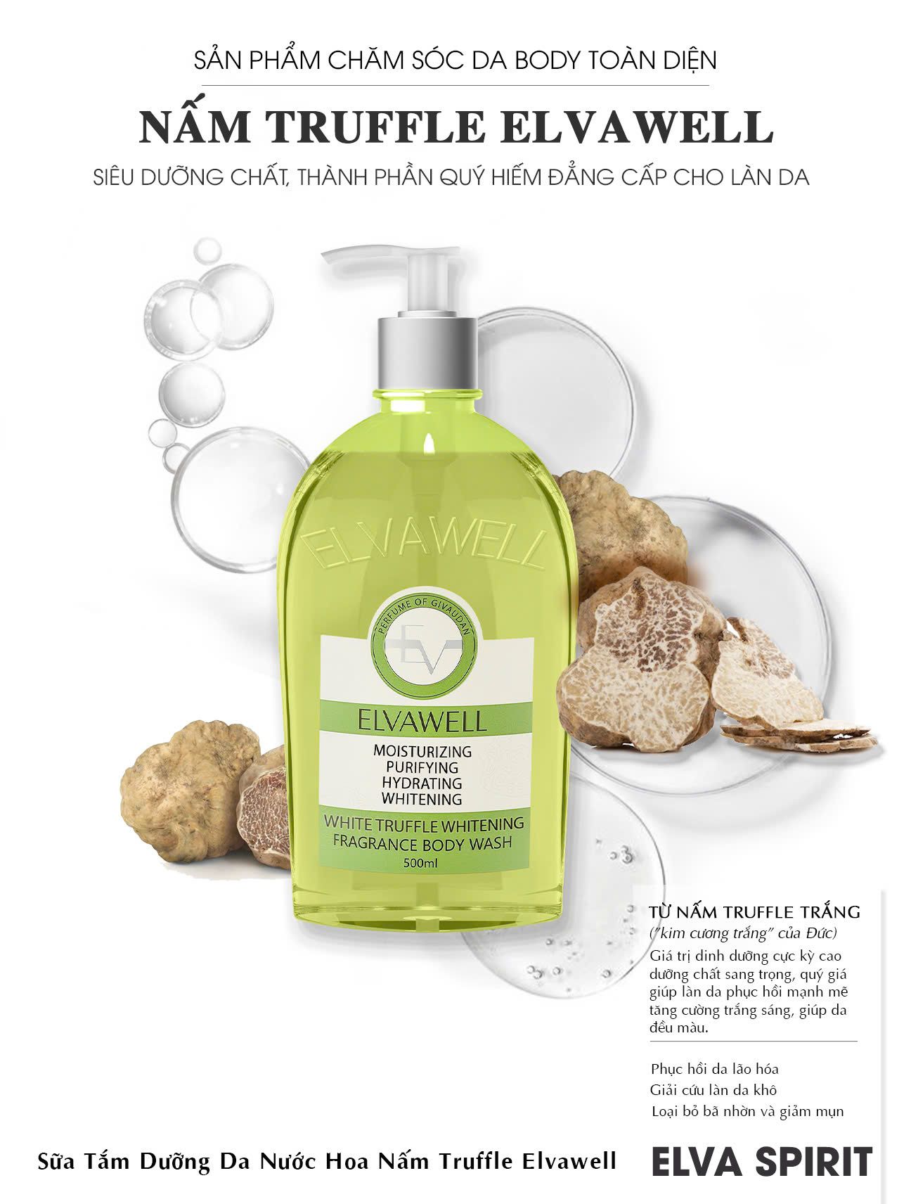 Sữa tắm nấm truffle trắng da Elvawell (500ml) - Sữa tắm White Truffle Whitening Elvawell - Elva Spirit