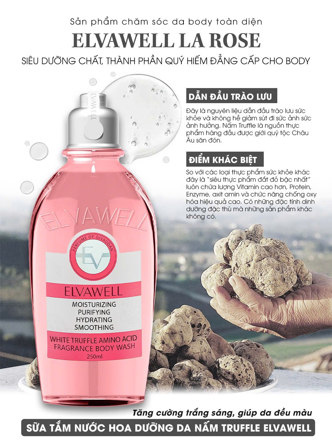 Sữa tắm nấm Truffle dưỡng ẩm Elvawell (250ml) - Sữa tắm White Truffle Amino Acid Elvawell - La Rose