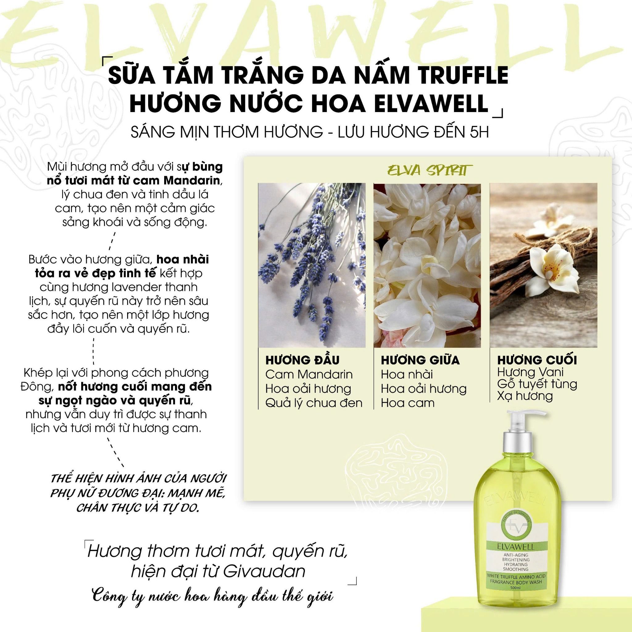 Sữa tắm nấm truffle trắng da Elvawell (500ml) - Sữa tắm White Truffle Whitening Elvawell - Elva Spirit