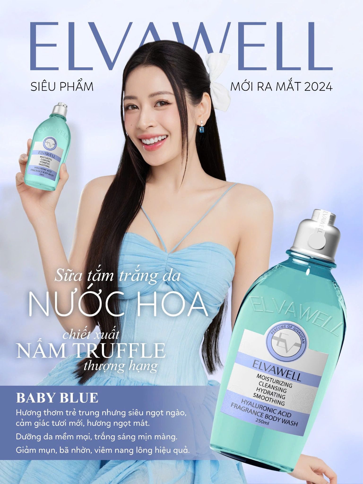 Sữa tắm nước hoa cấp ẩm Elvawell (250ml) - Sữa tắm Hyaluronic Acid Elvawell - Baby Blue