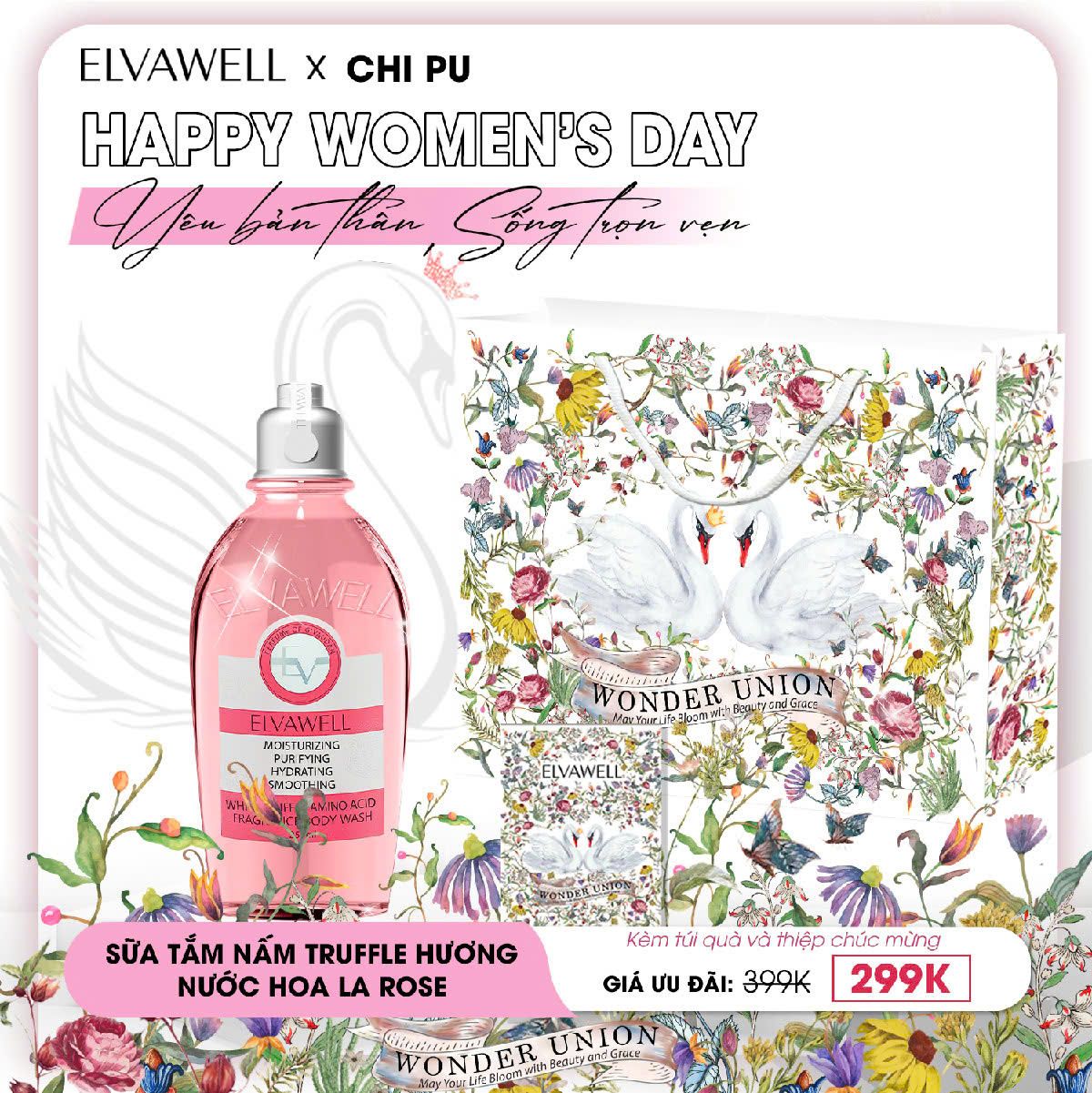 Túi quà thiên nga Sữa tắm nấm Truffle hương nước hoa La Rose 250ml Elvawell