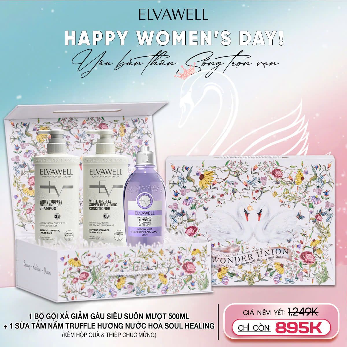 Hộp quà thiên nga Dầu gội trắng + Sữa tắm Soul Healing Elvawell