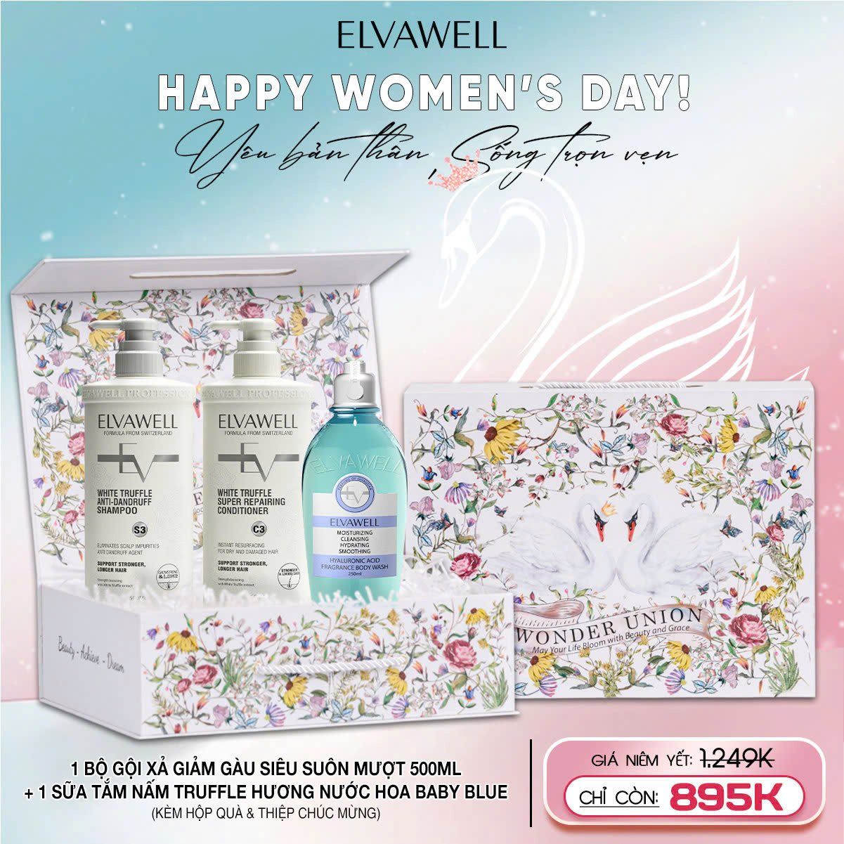 Hộp quà thiên nga Dầu gội trắng + Sữa tắm Baby Blue Elvawell