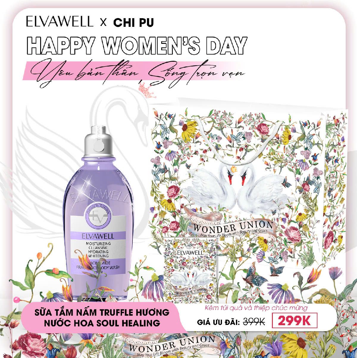 Túi quà thiên nga Sữa tắm nấm Truffle hương nước hoa Soul Healing 250ml Elvawell