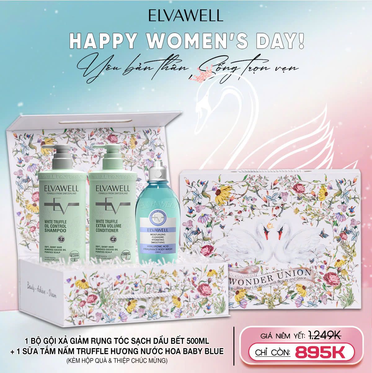 Hộp quà thiên nga Dầu gội xanh + Sữa tắm Baby Blue Elvawell