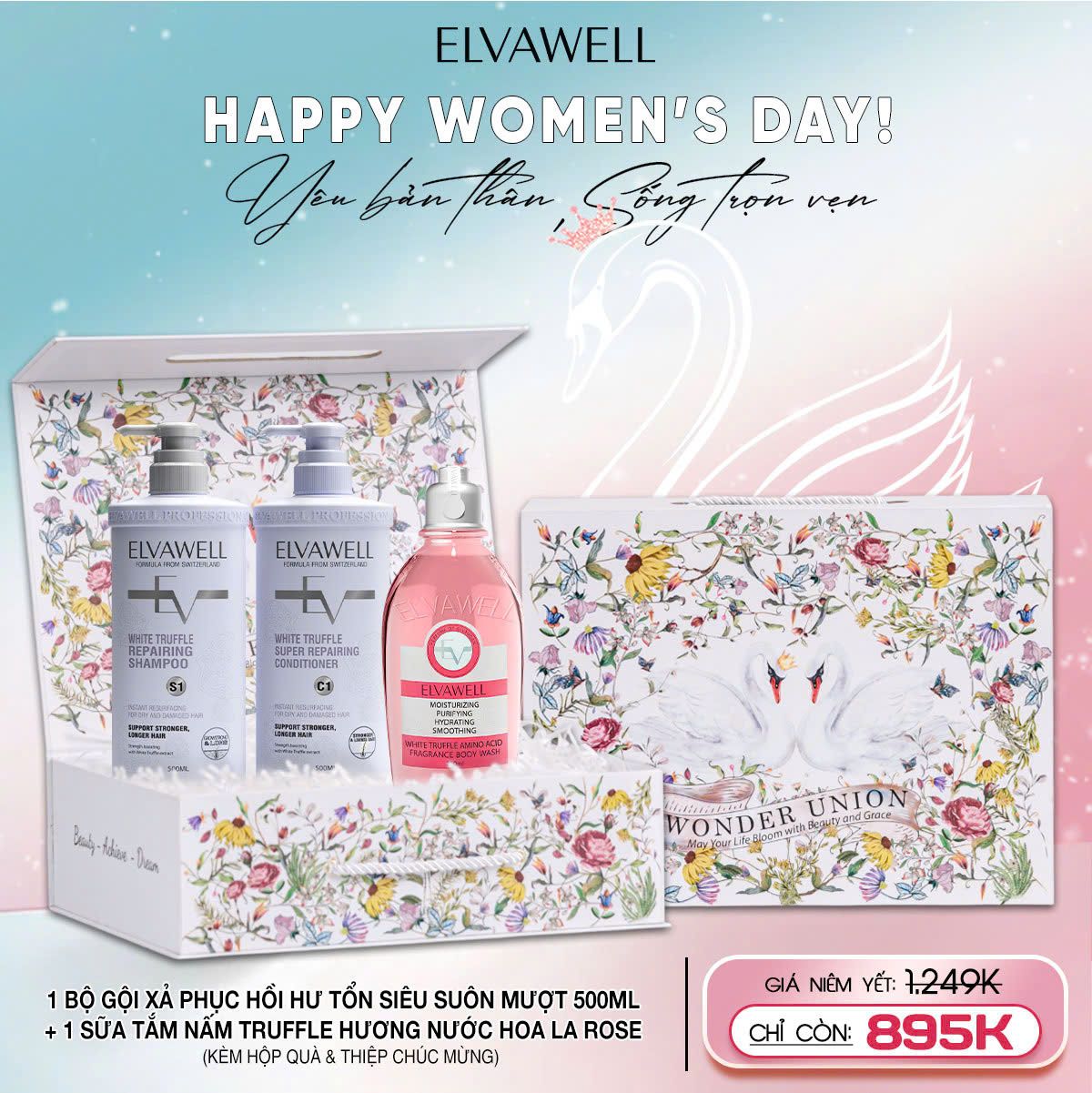 Hộp quà thiên nga Dầu gội tím + Sữa tắm La Rose Elvawell