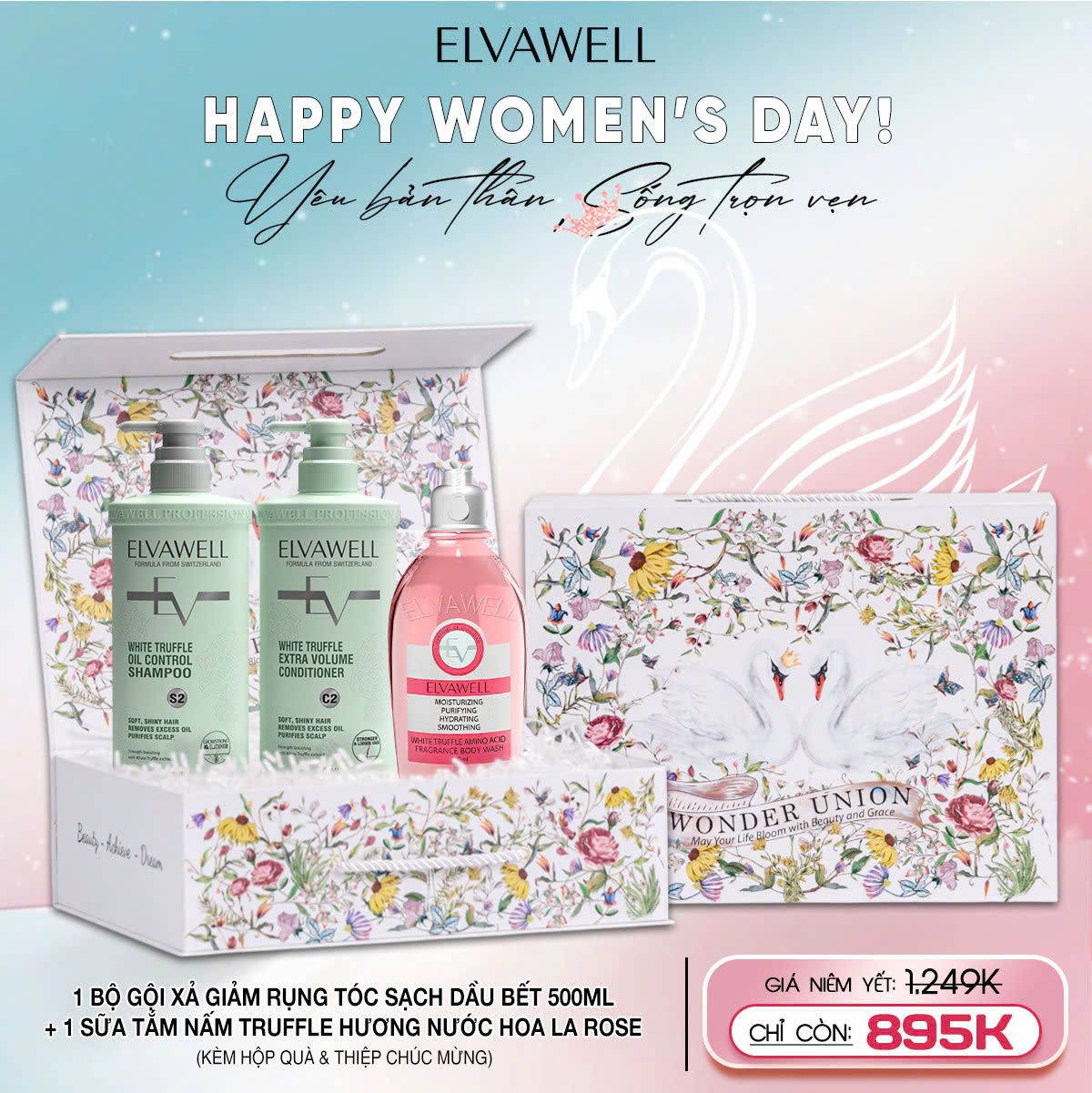 Hộp quà thiên nga Dầu gội xanh + Sữa tắm La Rose Elvawell