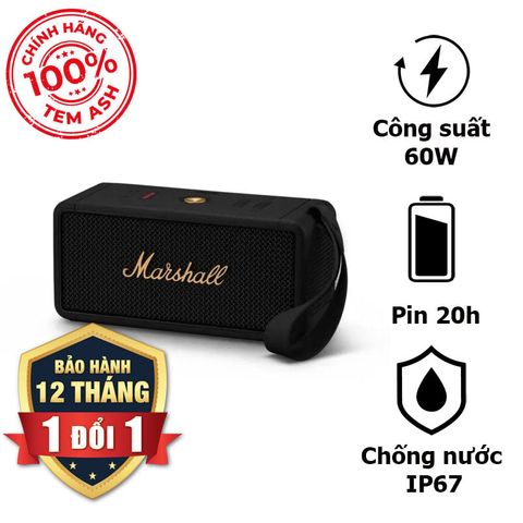 Loa Marshall Middleton Chính Hãng (Tem ASH), Pin 20h, Chống Nước IP67, Công suất 60W, Stack Mode, EQ, Bluetooth 5.1, AUX