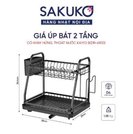 KAIYO -Giá úp bát 2 tầng có khay thoát nước38x29cm