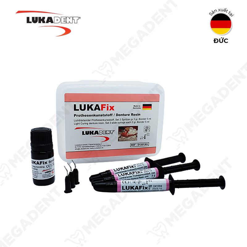 Lukafix-Kit, Pink, 3x3gr. Syrings & Bonder 5ml - Nhựa sửa chữa hàm tháo lắp - hộp 3 tuýp