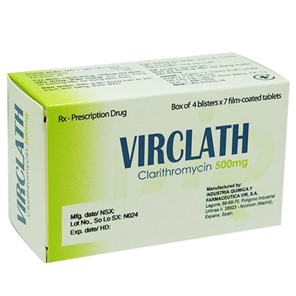 Thuốc Virclath 500mg Industria điều trị dị ứng, viêm phổi (4 vỉ x 7 viên)