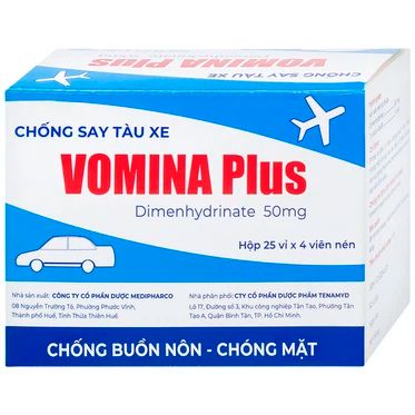  Thuốc Vomina Plus 50mg Medipharco phòng và điều trị triệu chứng buồn nôn, chóng mặt khi say tàu xe (25 vỉ x 4 viên) 