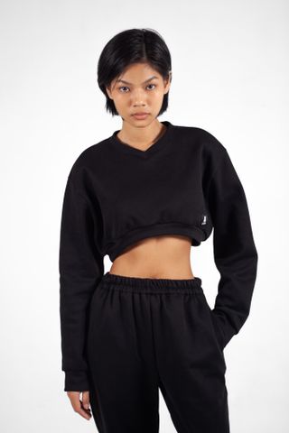 UniqFit | Áo Croptop Nỉ UNIQ Cổ Chữ V - Đen