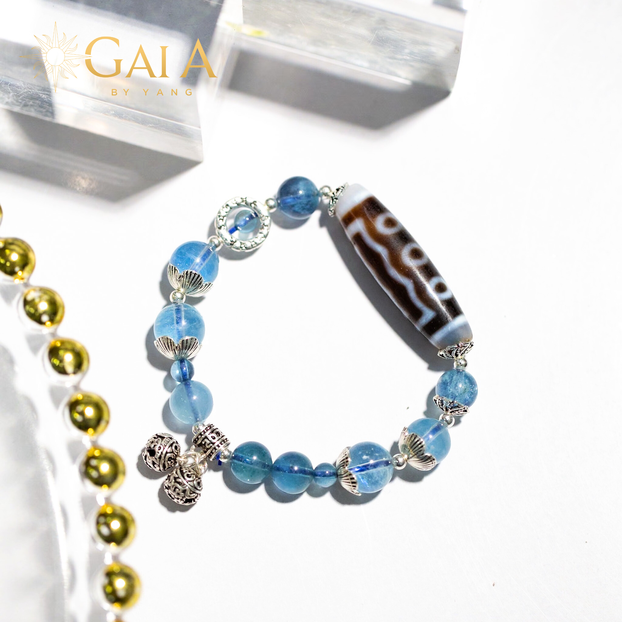 Vòng Dzi 5 mắt phối đá Aquamarine