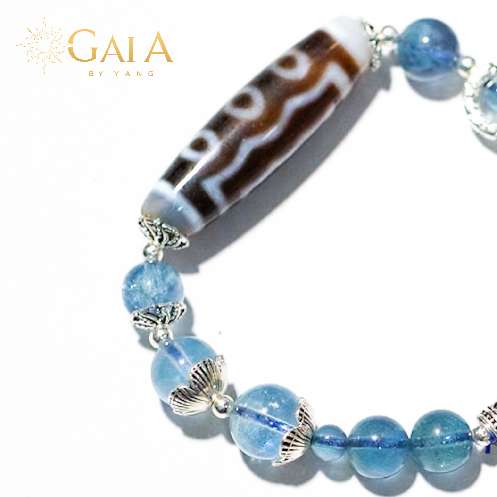 Vòng Dzi 5 mắt phối đá Aquamarine