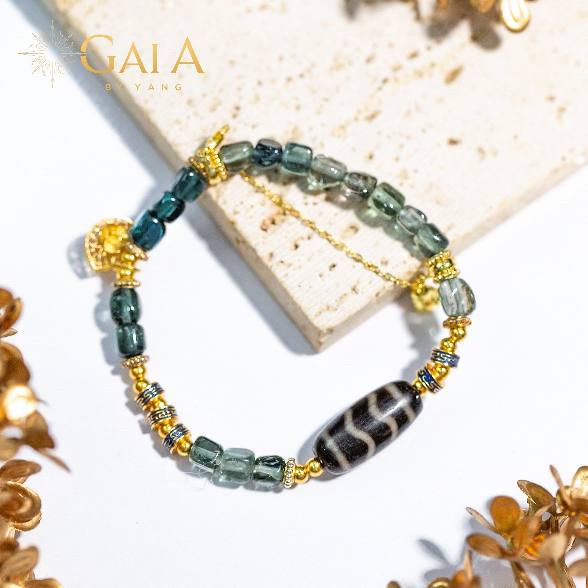 Vòng đá Tourmaline phối Dzi sóng nước